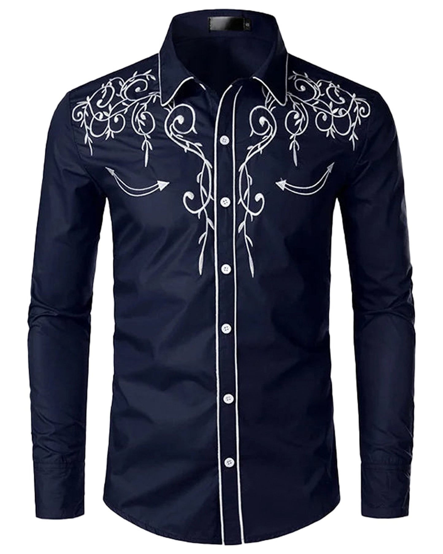 Men's red western embroidered shirt with intricate white designs on a classic fit