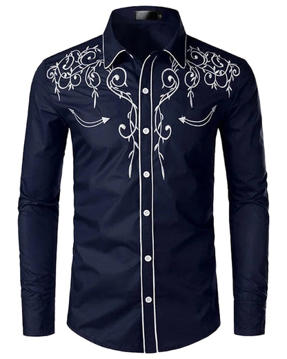 Men's red western embroidered shirt with intricate white designs on a classic fit