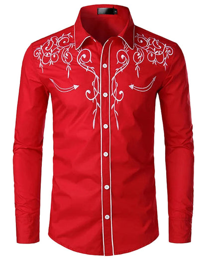 Men's red western embroidered shirt featuring intricate white stitching and a modern fit