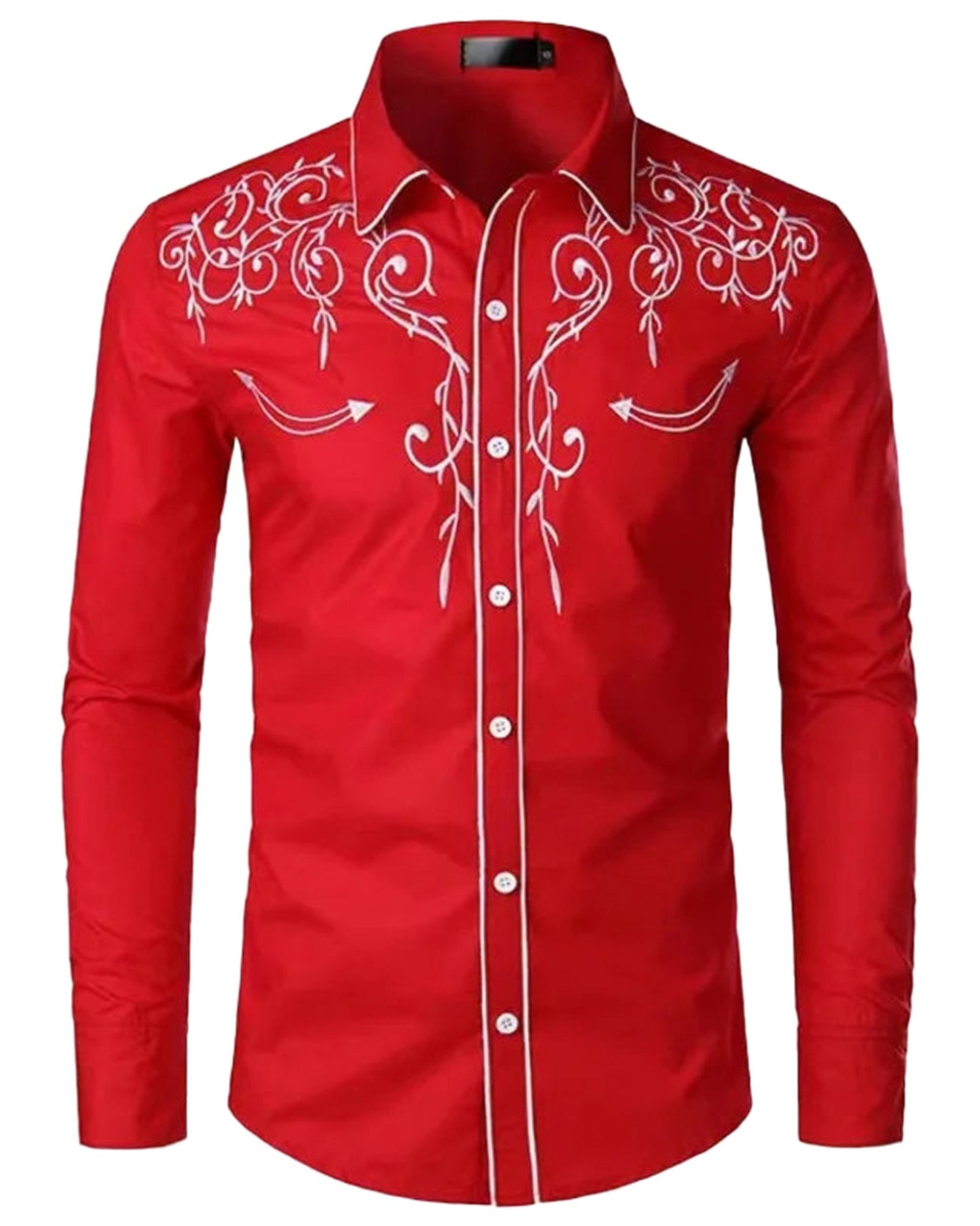 Men's red western embroidered shirt with intricate white stitching and a stylish fitted design