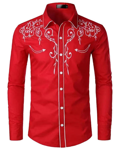 Men's red western embroidered shirt with intricate white stitching and a stylish fitted design
