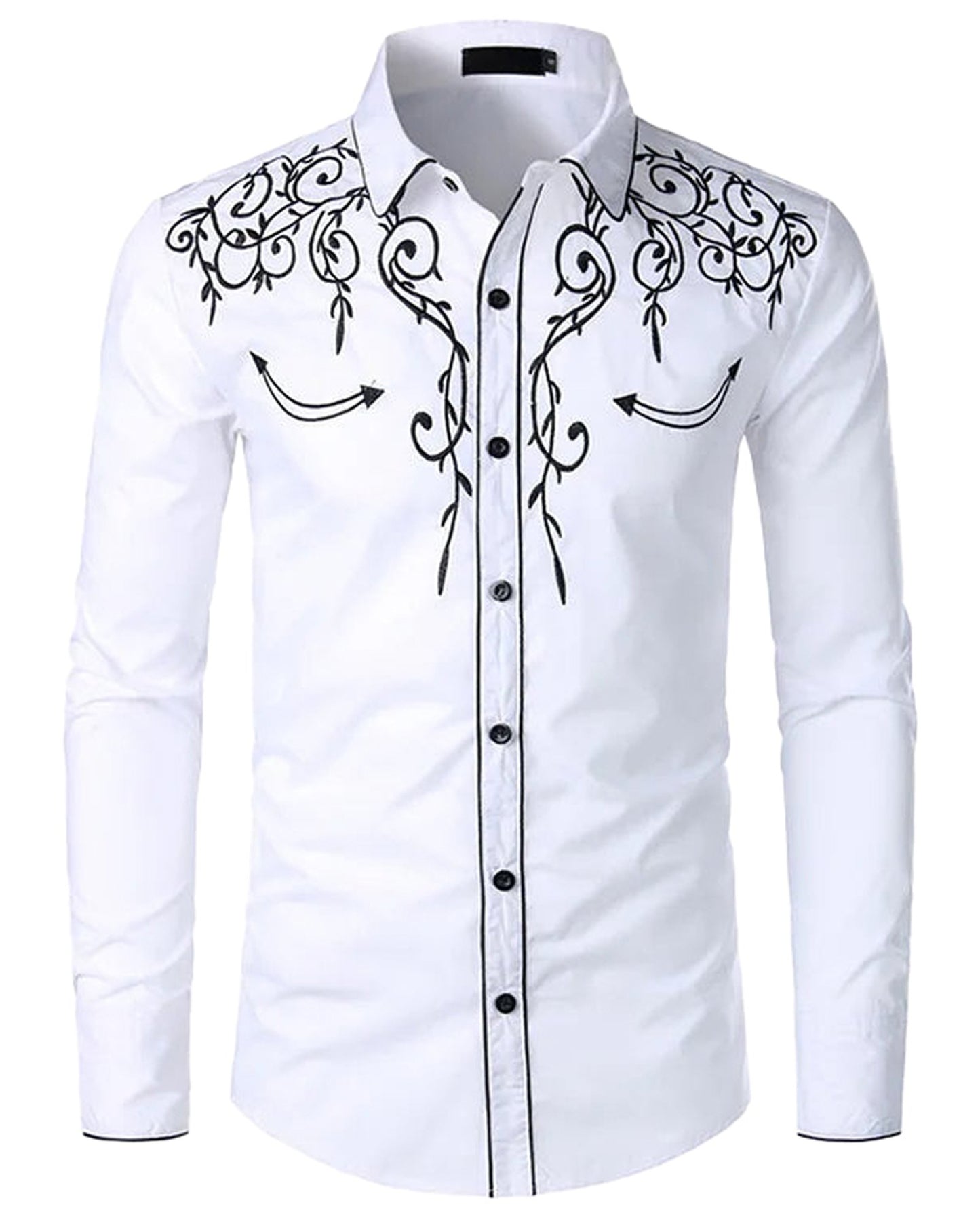 Men's red western embroidered shirt with intricate black floral design and long sleeves