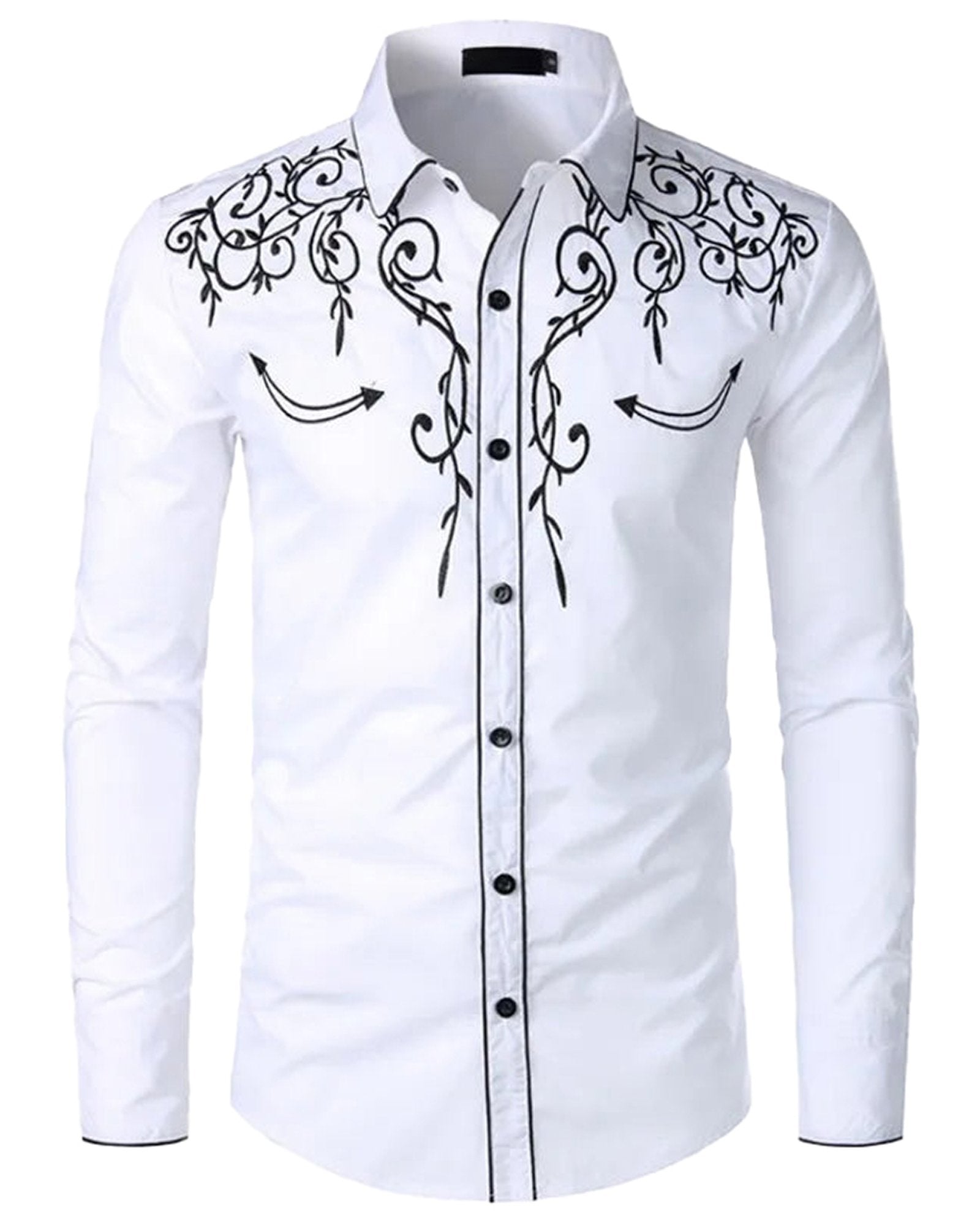 Men's red western embroidered shirt featuring intricate black floral designs on a white background