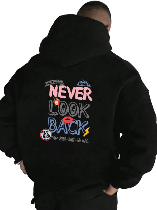 Men's retro hip-hop hoodie with colorful 'Never Look Back' graphic on the back