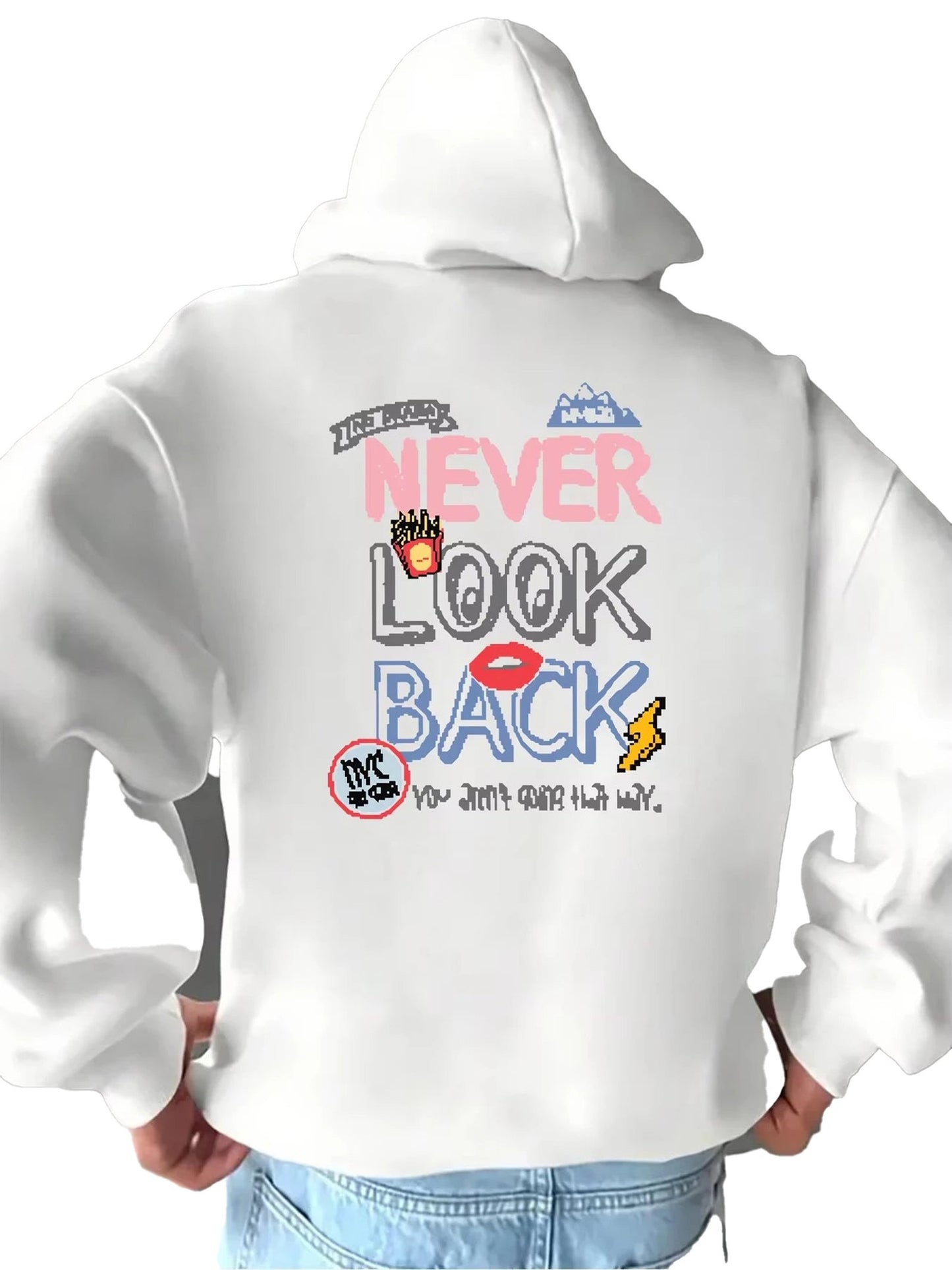 Men's retro hip-hop hoodie in white featuring vibrant graphic print and motivational text on the back
