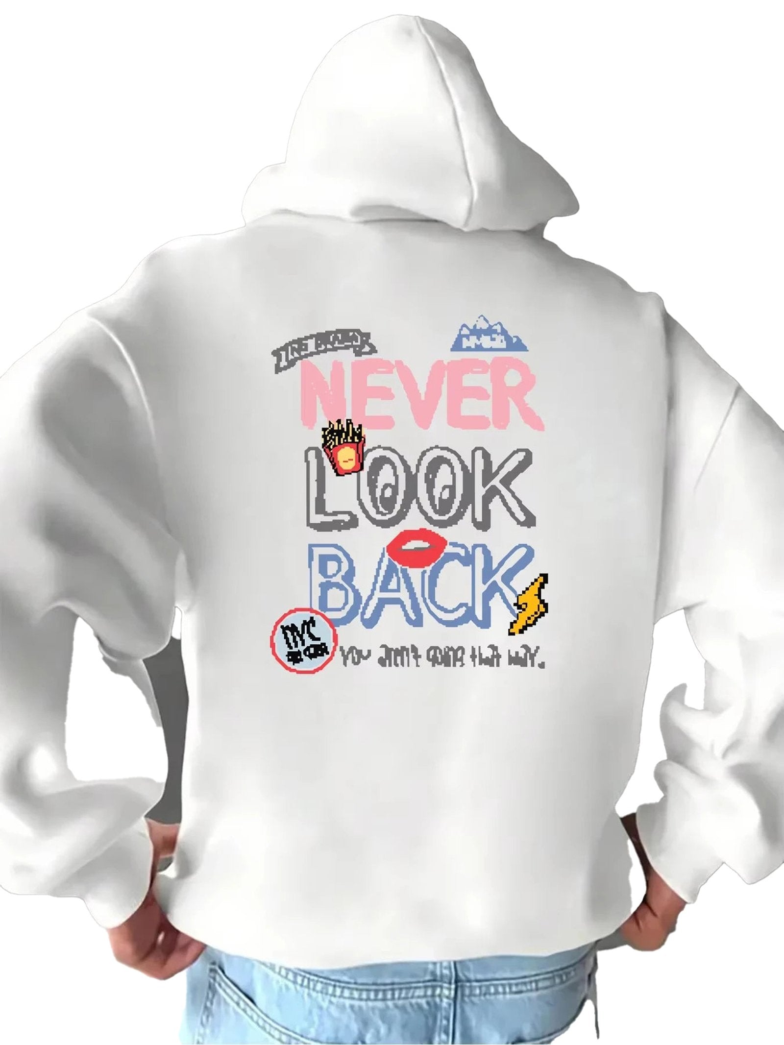 Men's retro hip-hop hoodie in white featuring vibrant graphic print and motivational text on the back