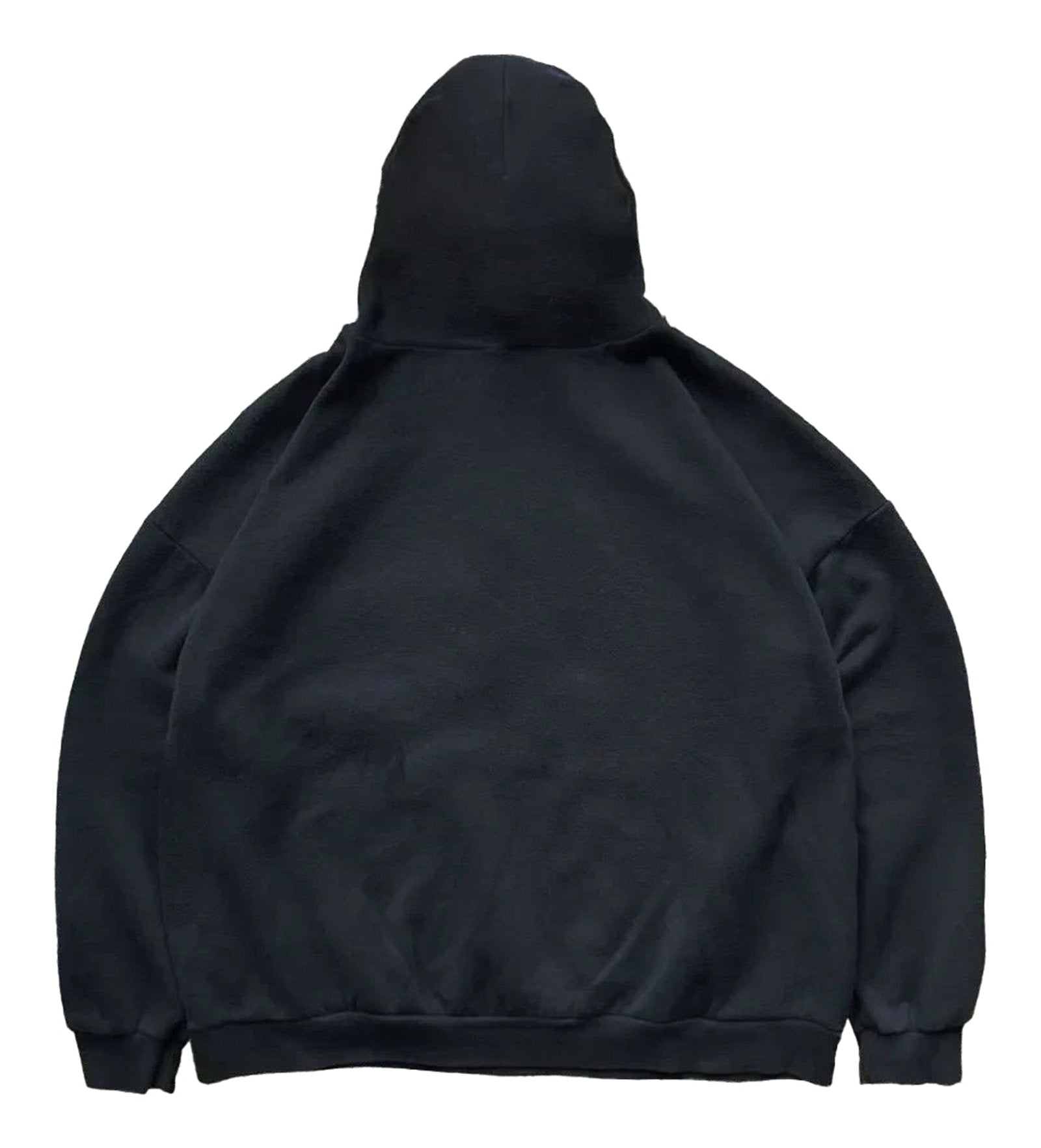 Back view of a black men's retro hip-hop hoodie from LuckeLadybug LLC with a relaxed fit