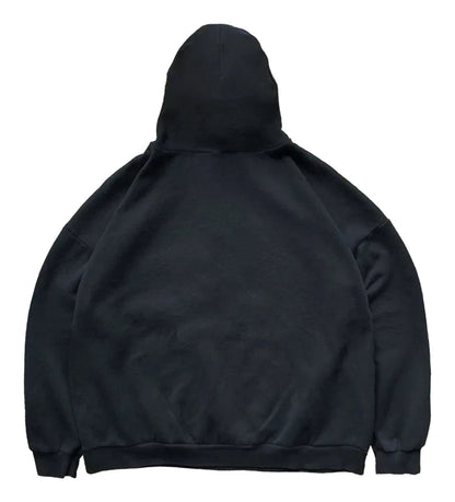 Back view of a black men's retro hip-hop hoodie from LuckeLadybug LLC with a relaxed fit