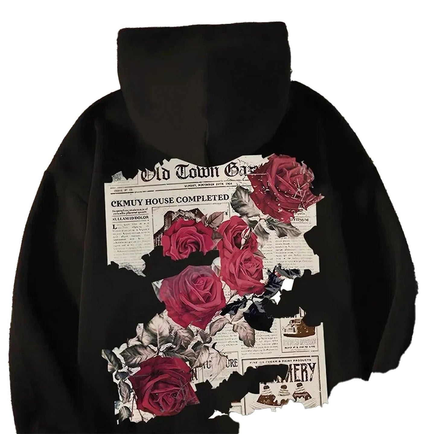 Men's rose print hoodie with vintage newspaper design and floral graphics by LuckeLadybug LLC