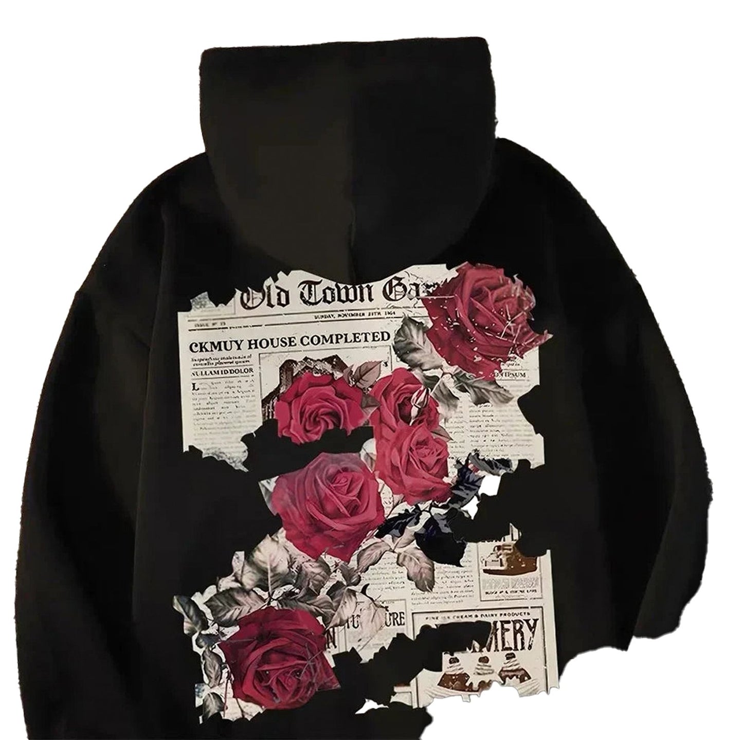 Men's rose print hoodie featuring a graphic of torn newspaper and vibrant red roses