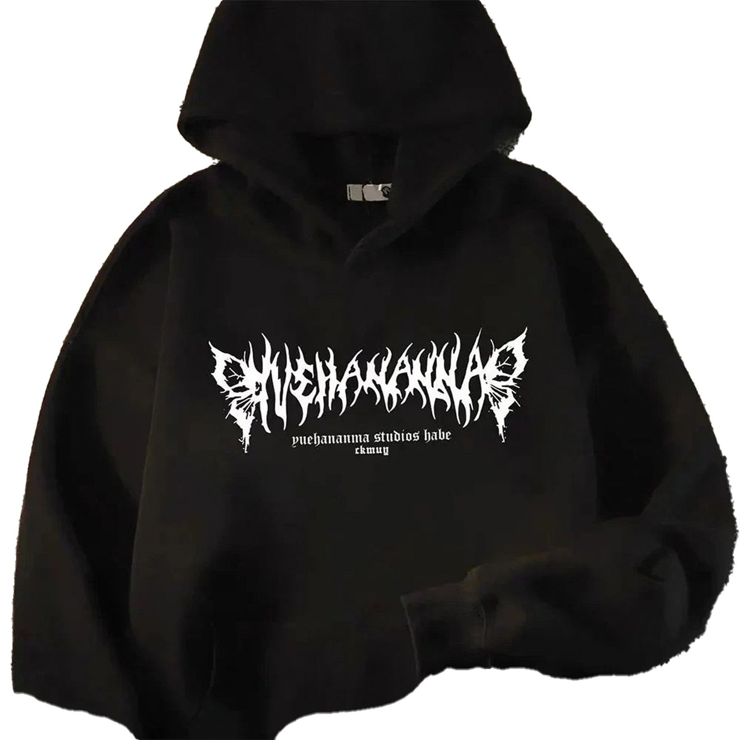 Men's rose print hoodie in black with artistic white graphic design from LuckeLadybug LLC