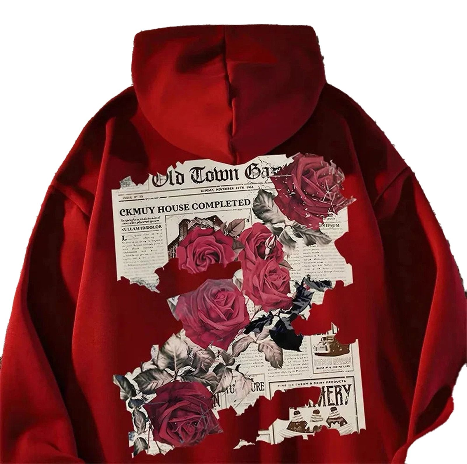 Men's rose print hoodie by LuckeLadybug LLC featuring a vibrant red color and floral design