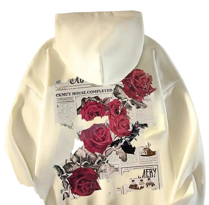Men's rose print hoodie featuring floral graphics and vintage newspaper design on a white background