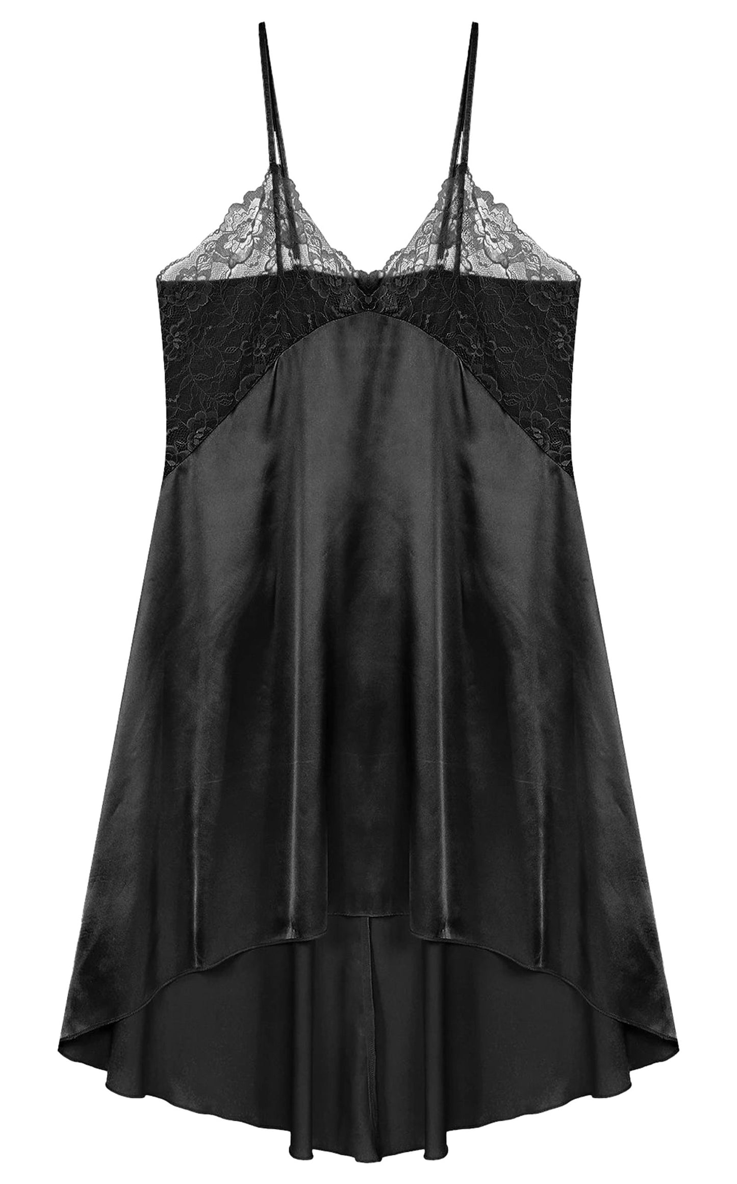 Black LuckeLadybug LLC mens satin nightdress lingerie with lace detailing and adjustable straps
