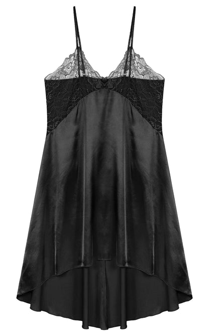 Black LuckeLadybug LLC mens satin nightdress lingerie with lace detailing and adjustable straps