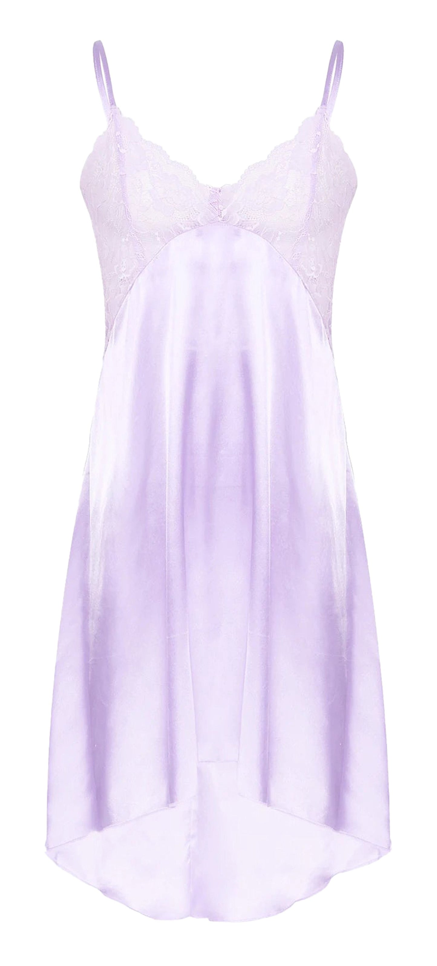 Elegant lavender mens satin nightdress lingerie with delicate lace details and adjustable straps