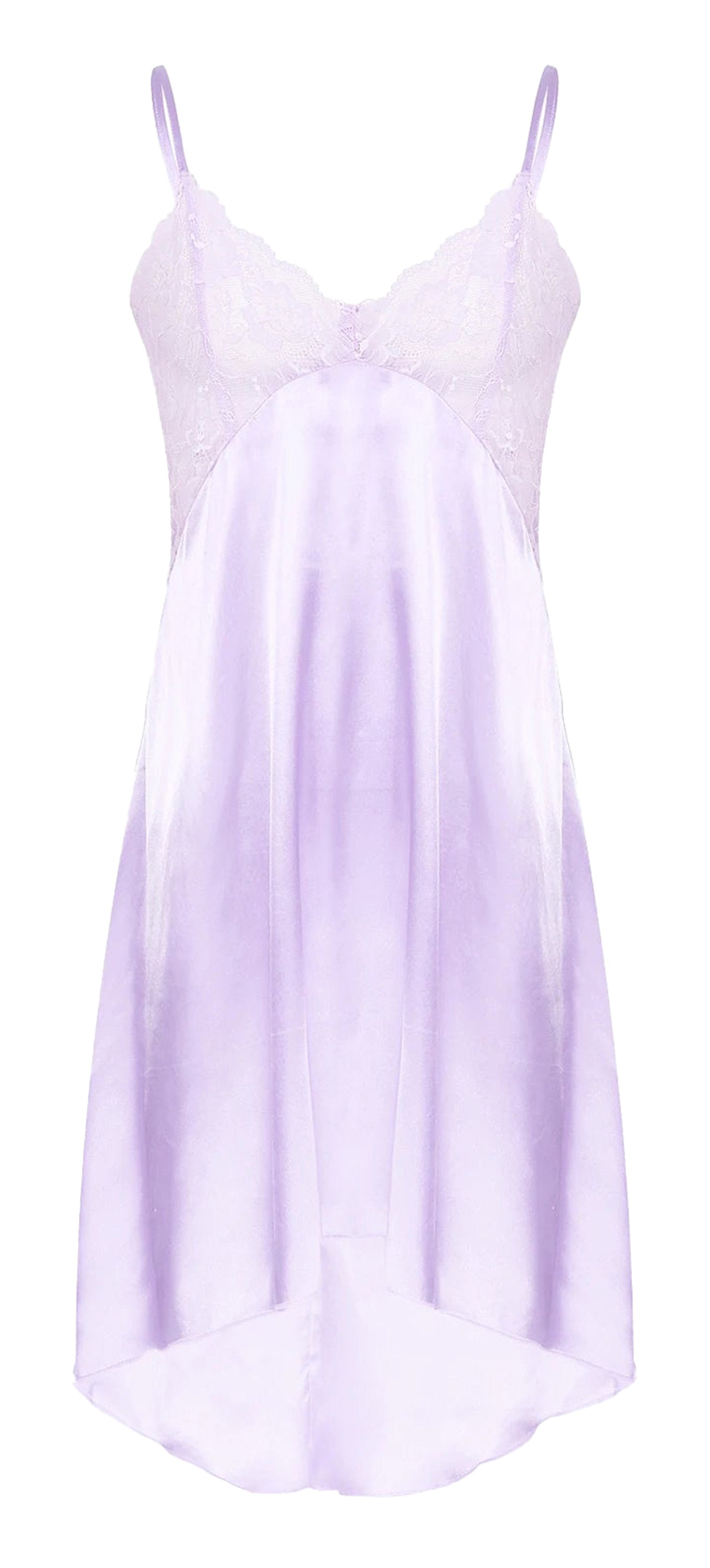 Elegant lavender mens satin nightdress lingerie with delicate lace details and adjustable straps