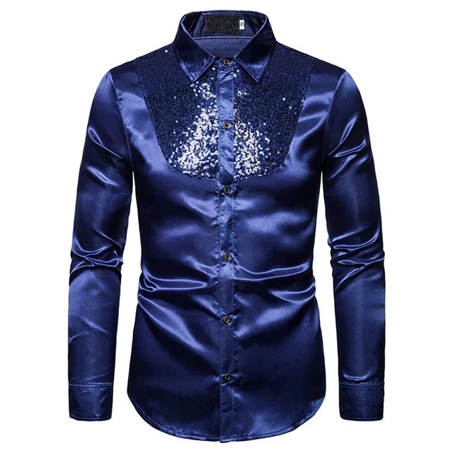 LuckeLadybug LLC Men's Sequined Performance Shirt in Navy Blue with Stylish Sequin Detail