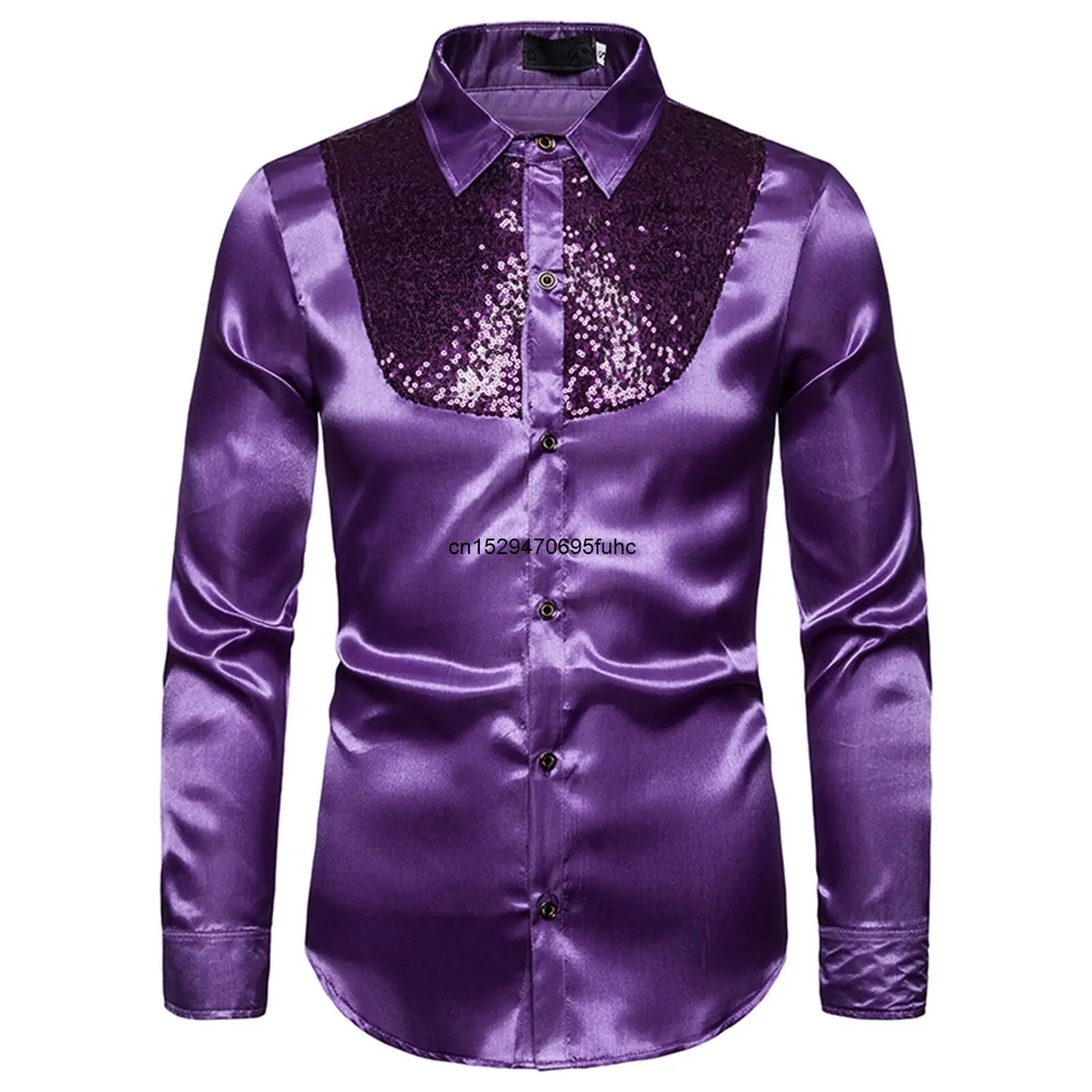 LuckeLadybug men's sequined performance shirt in purple with a shiny sequined front design