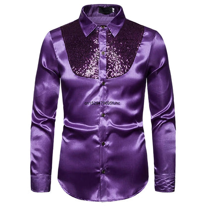LuckeLadybug men's sequined performance shirt in purple with a shiny sequined front design