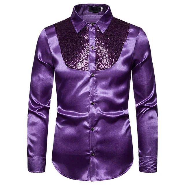 Purple men's sequined performance shirt with shiny fabric and stylish design for events