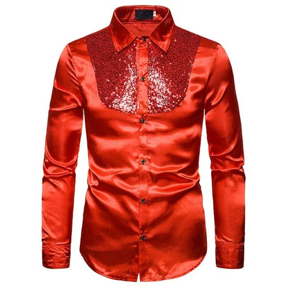 LuckeLadybug LLC men's sequined performance shirt in red with shiny sequined front panel
