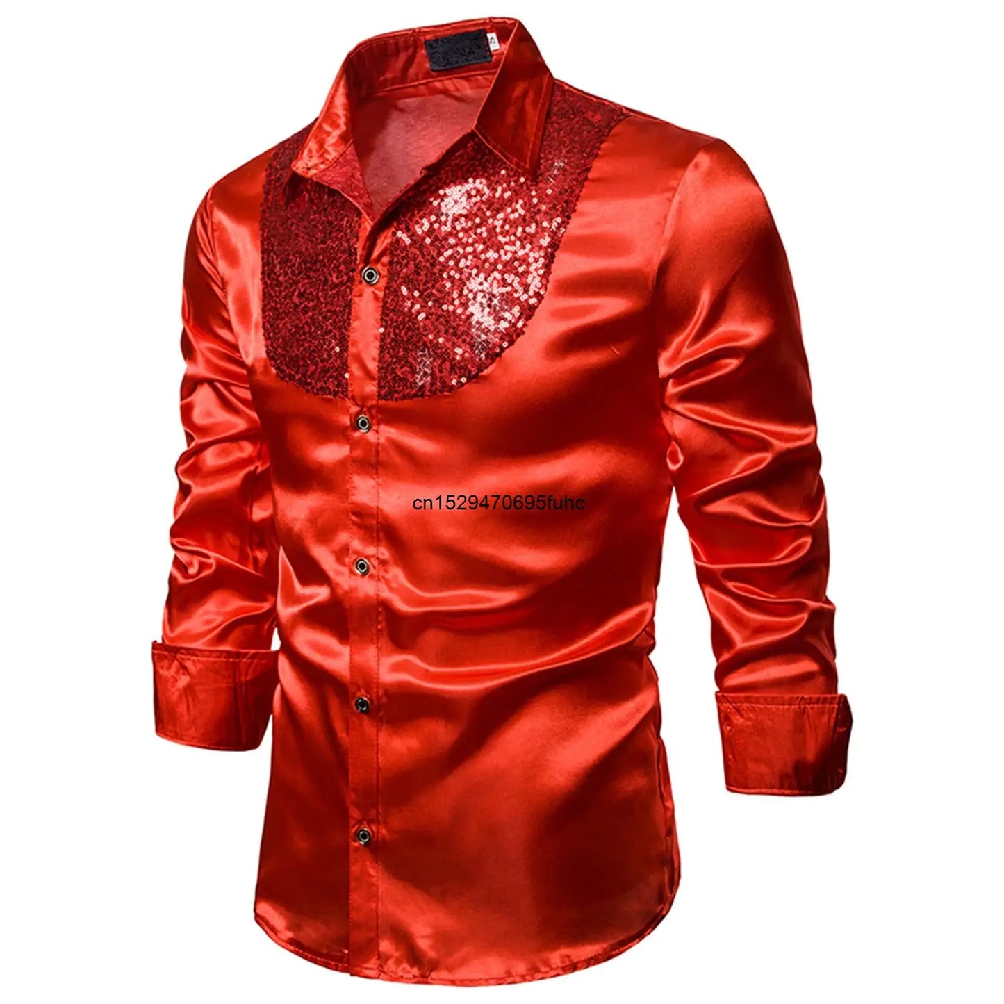 Men's sequined performance shirt in red satin with a stylish sequin design on the collar