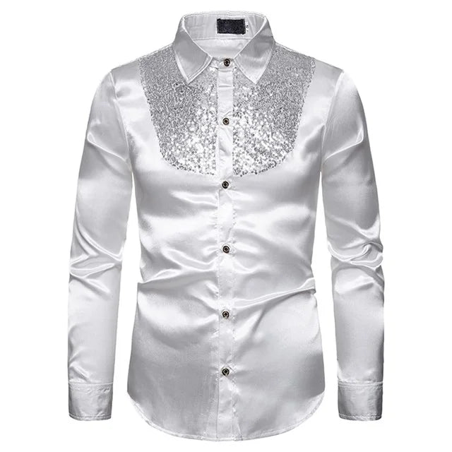 LuckeLadybug LLC men's sequined performance shirt in white with sparkling sequins on the front
