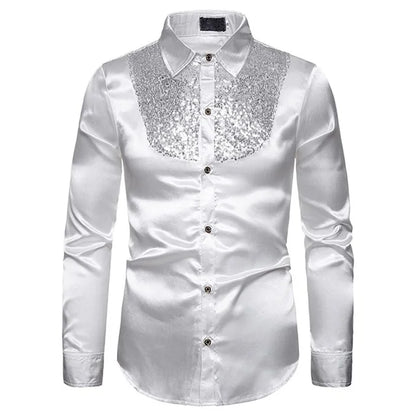 LuckeLadybug LLC men's sequined performance shirt in white with sparkling sequins on the front