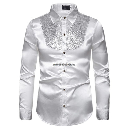 Men's sequined performance shirt in white with shimmering sequins on the chest for stylish occasions