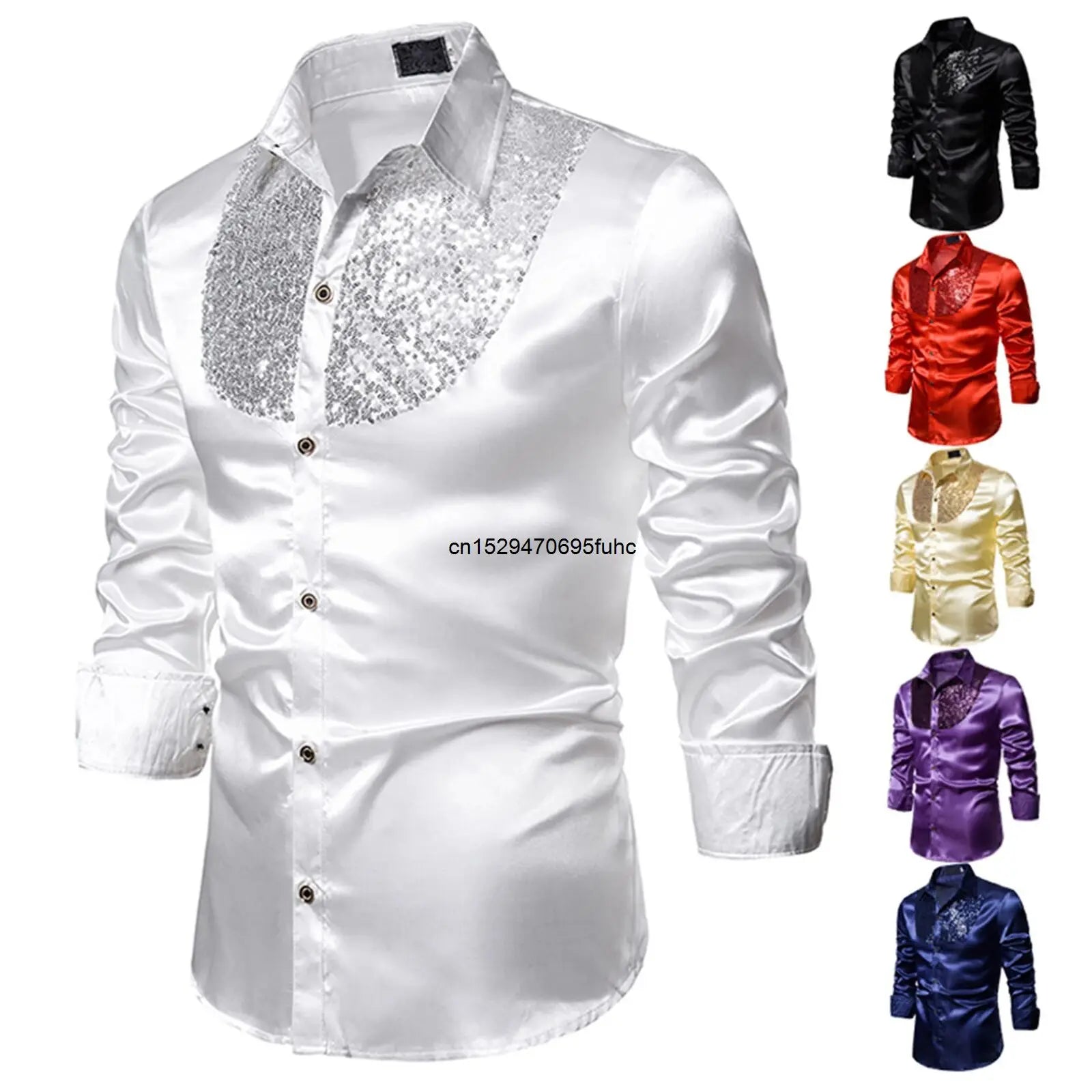 LuckeLadybug LLC men's sequined performance shirt in white with shiny silver sequined collar detail