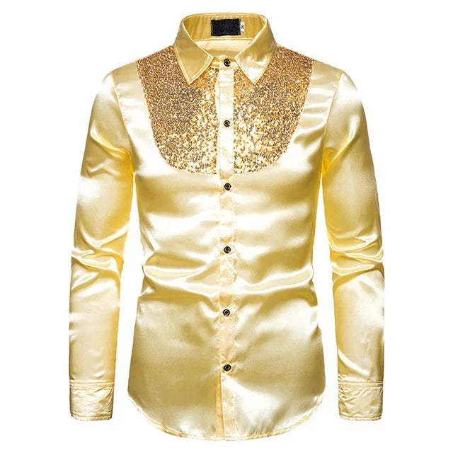 Men's sequined performance shirt in shiny yellow with decorative sequins on the front for a stylish look