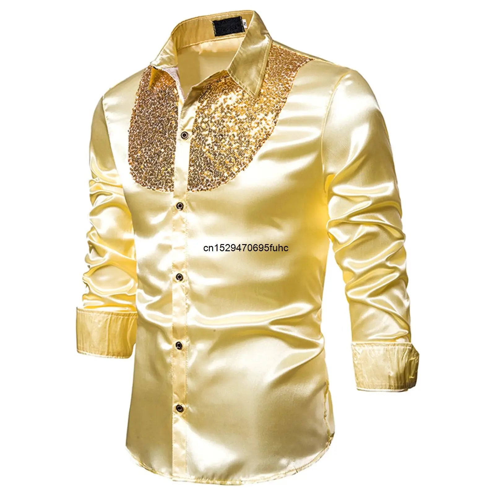 Men's sequined performance shirt in yellow satin with a sparkling sequin design on the collar