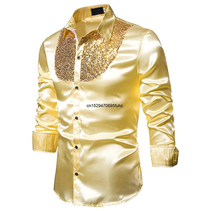 Men's sequined performance shirt in yellow satin with a sparkling sequin design on the collar