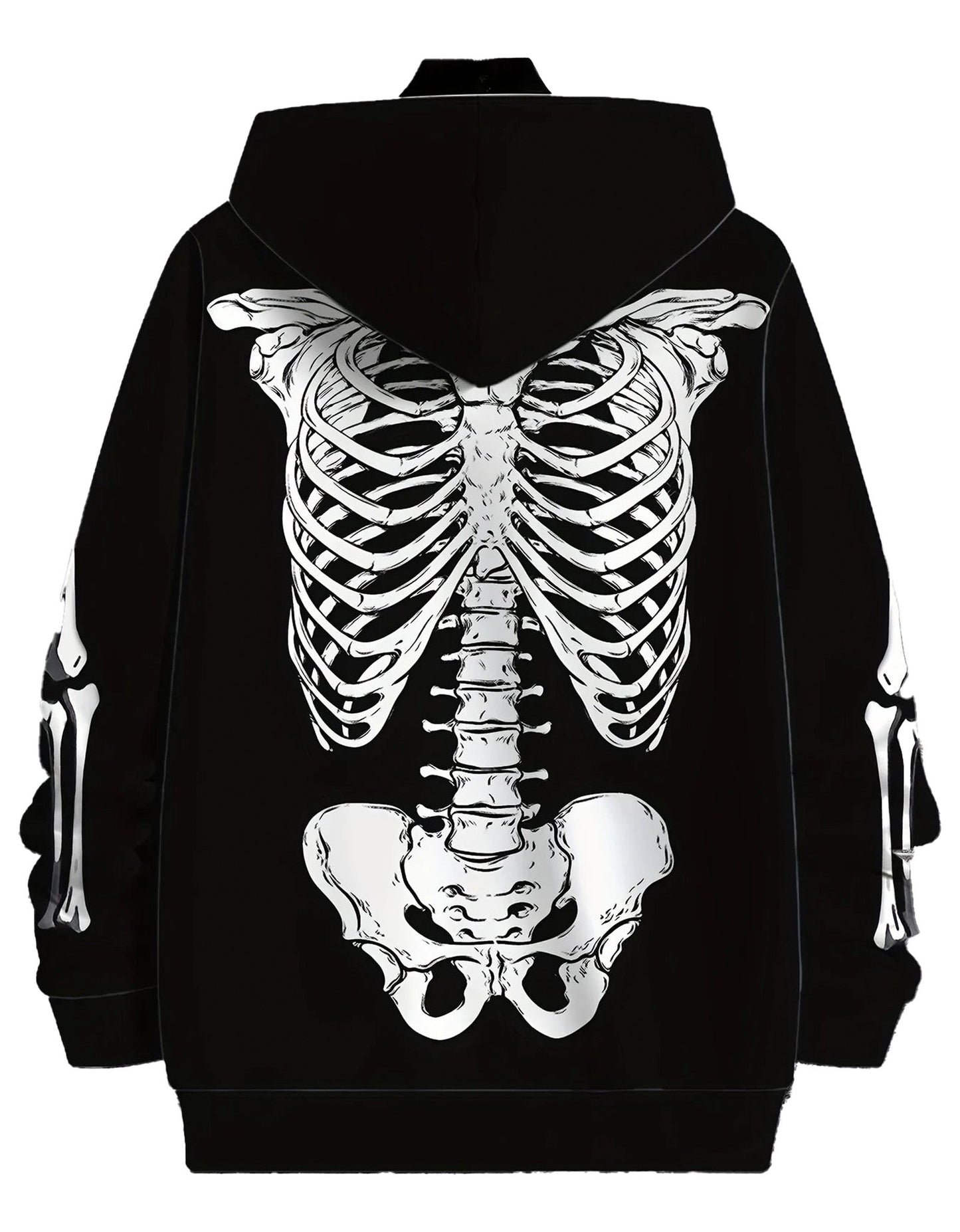 Men's skeleton graphic hoodie with a detailed ribcage design on the back, perfect for spooky fashion lovers