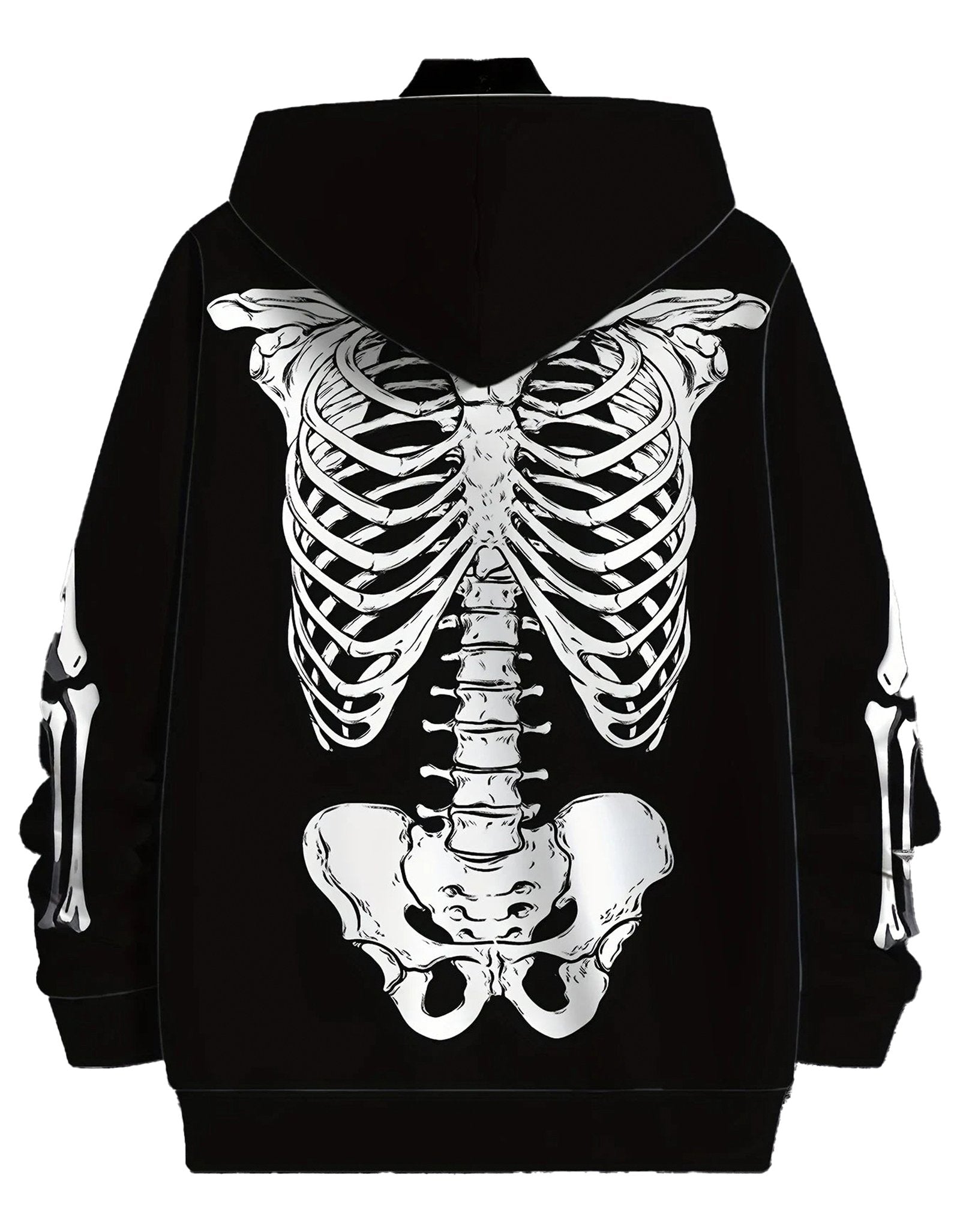 Men's skeleton graphic hoodie with a detailed ribcage design on the back, perfect for spooky fashion lovers