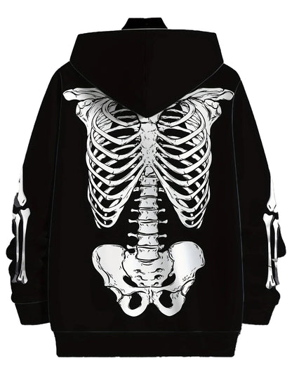 Men's skeleton graphic hoodie with a detailed ribcage design on the back, perfect for spooky fashion lovers