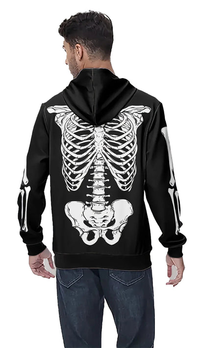 Men's skeleton graphic hoodie by LuckeLadybug LLC featuring a detailed skeleton design on the back