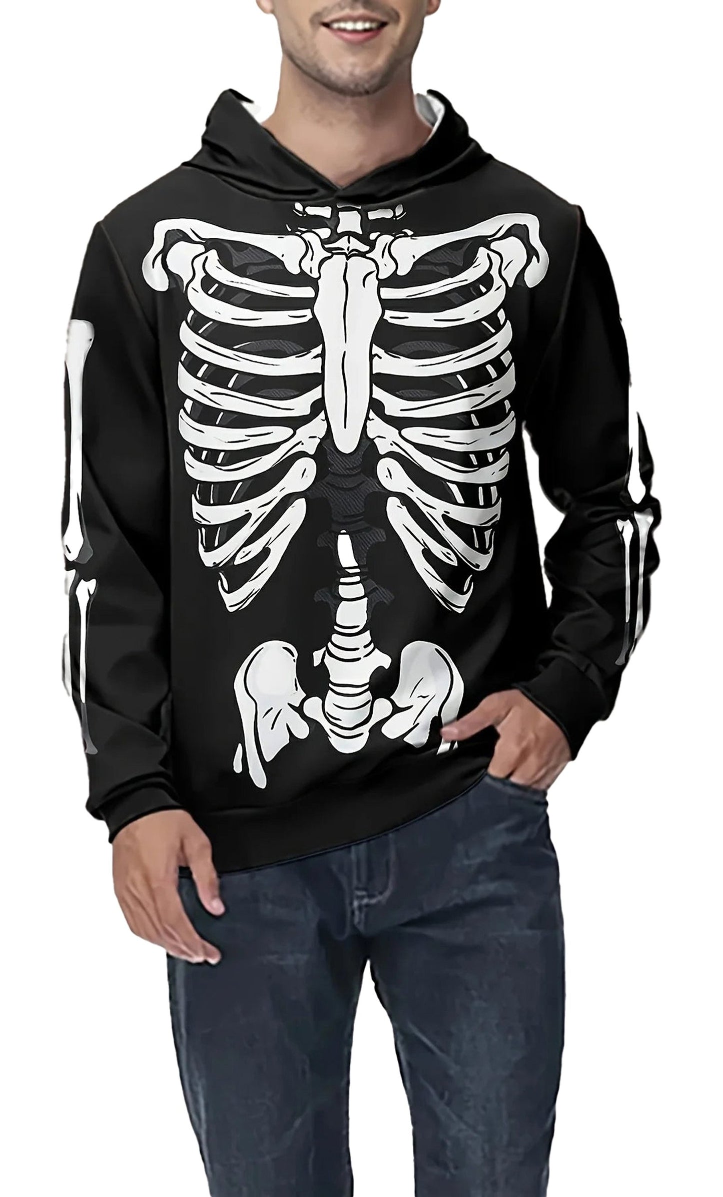 Men's skeleton graphic hoodie featuring a bold skeleton design on a black background