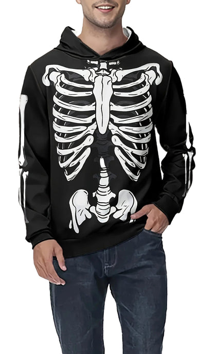 Men's skeleton graphic hoodie featuring a bold skeleton design on a black background