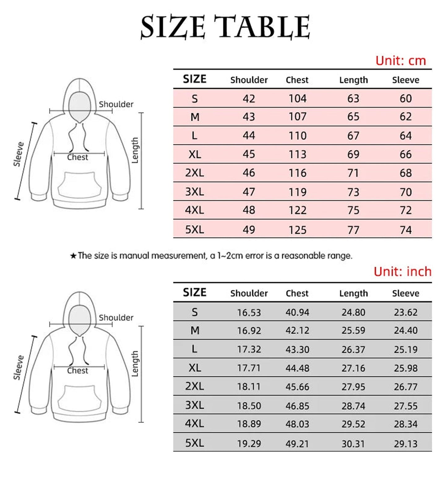 Men's skeleton graphic hoodie size chart with measurements in centimeters and inches