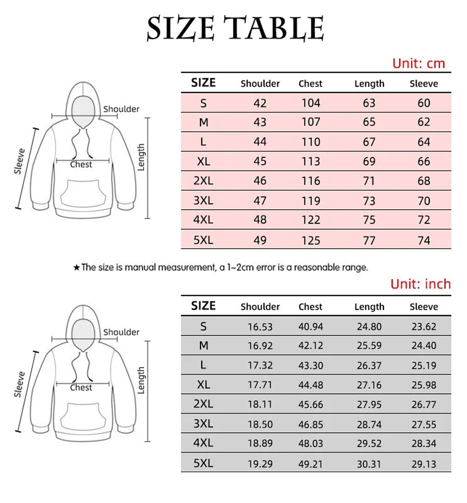 Men's skeleton graphic hoodie size chart with measurements in centimeters and inches