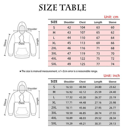 Men's skeleton graphic hoodie size chart with measurements in centimeters and inches