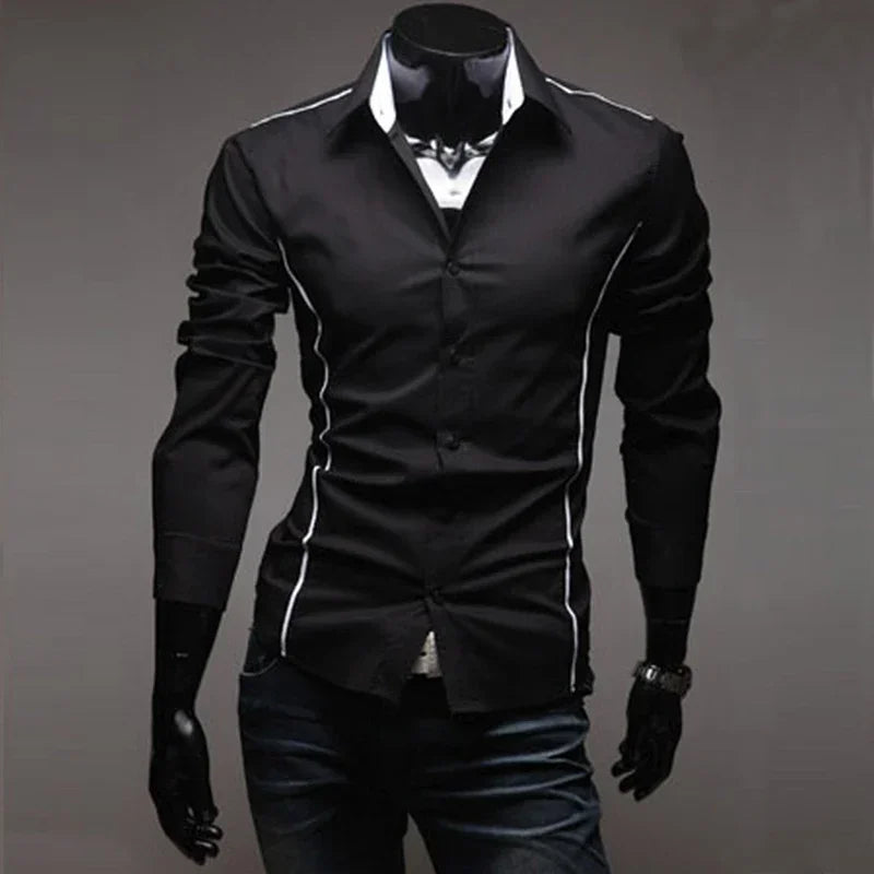 Men's slim fit dress shirts in black with white piping and a modern collar style