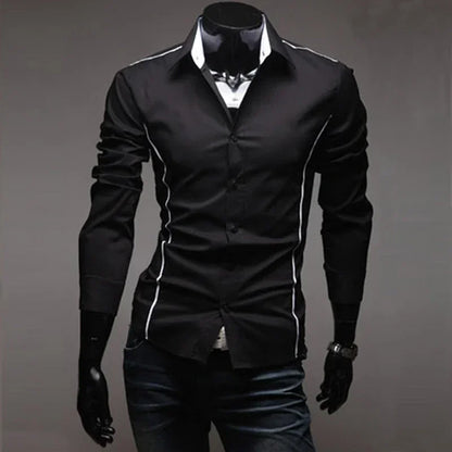 Men's slim fit dress shirts in black with white piping and a modern collar style