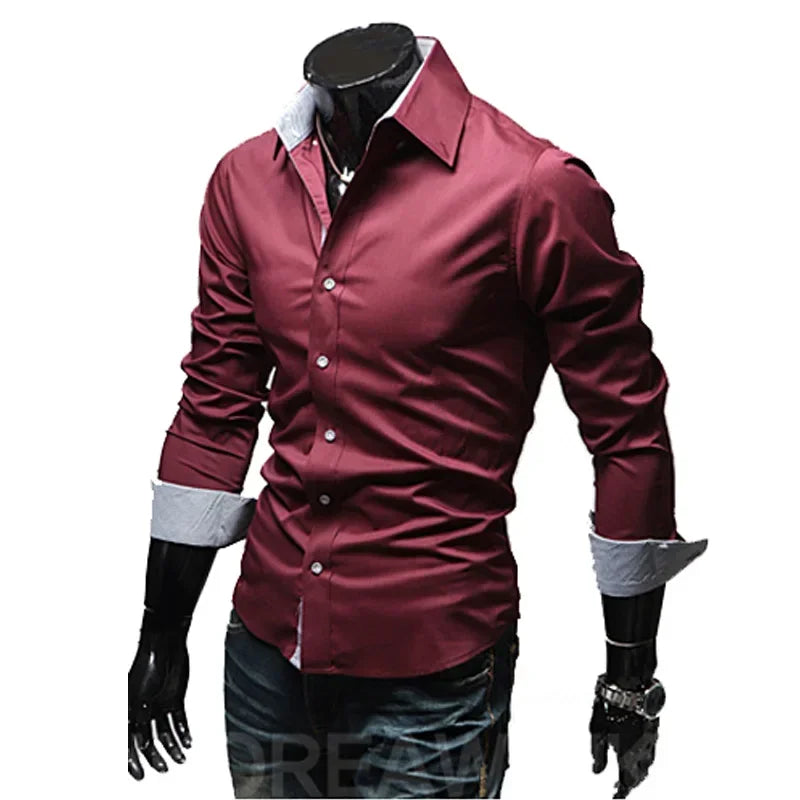 Men's slim fit dress shirts in burgundy with contrasting cuff details for a stylish look