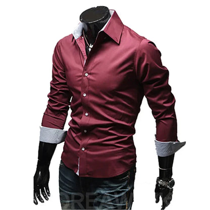 Men's slim fit dress shirts in burgundy with contrasting cuff details for a stylish look