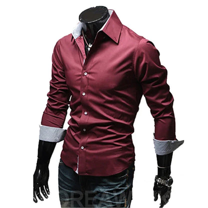 Men's slim fit dress shirts in burgundy with contrasting white cuffs and a stylish collar