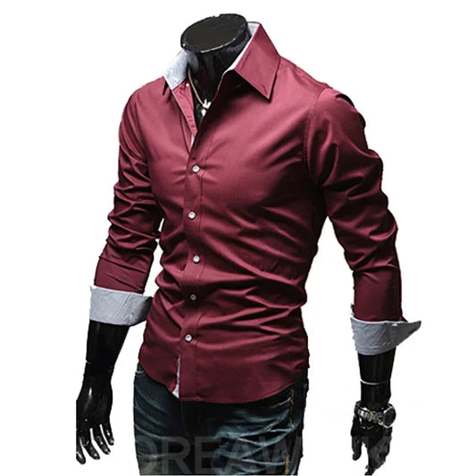 Men's slim fit dress shirts in burgundy with contrasting white cuffs and a stylish collar