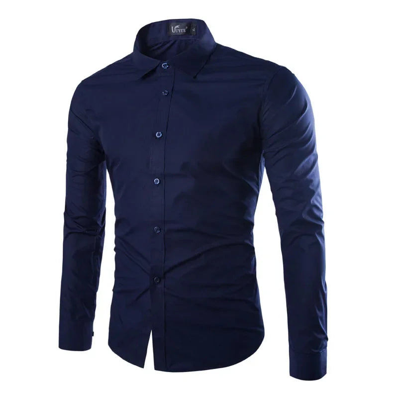 LuckeLadybug LLC Men's Slim Fit Dress Shirts in Navy Blue with Button-Up Closure and Long Sleeves